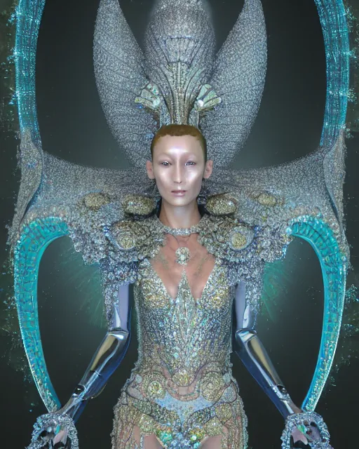 Prompt: a highly detailed metahuman 4 k close up render of an alien goddess bella hadid as goddess of love in iris van herpen dress schiaparelli in diamonds crystals swarovski and jewelry in style of alphonse mucha gustav klimt trending on artstation made in unreal engine 4