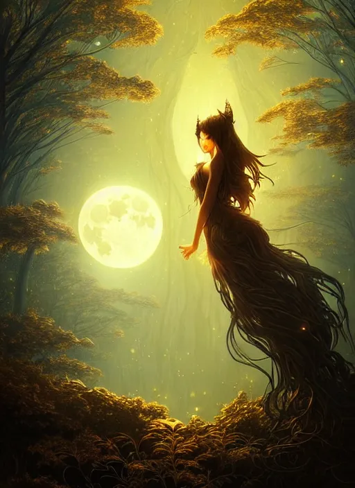 Image similar to fantasy book cover, full moon, fantasy forest landscape, golden vector elements, fantasy magic, dark light night, intricate, elegant, sharp focus, illustration, highly detailed, digital painting, concept art, matte, art by WLOP and Artgerm and Albert Bierstadt, masterpiece