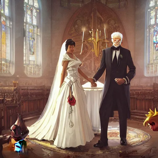 Prompt: wide shot of Colonel Sanders getting married to a chicken in a church, modern setting, intricate, elegant, highly detailed, digital painting, artstation, concept art, matte, sharp focus, illustration, hearthstone, art by Artgerm and Greg Rutkowski and Alphonse Mucha