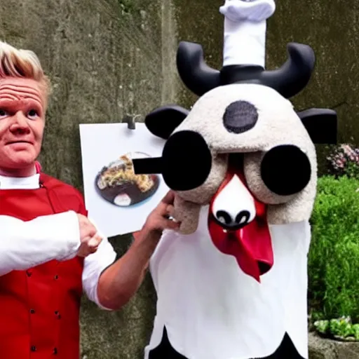 Image similar to a ram dressed up as gordon ramsay, realistic.