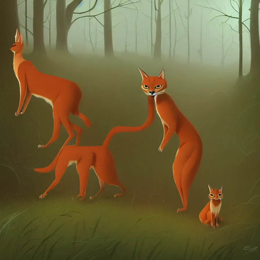Prompt: Goro Fujita illustrating photo of a cate caracal in the woods, by Goro Fujita, ilustration, concept art, sharp focus, highly detailed, ArtStation