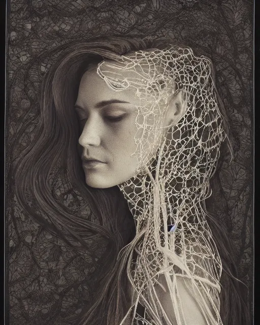 Image similar to a woman's face in profile, long flowing hair entwined in intricate decorative lace leaf skeleton, in the style of the dutch masters and gregory crewdson, dark and moody