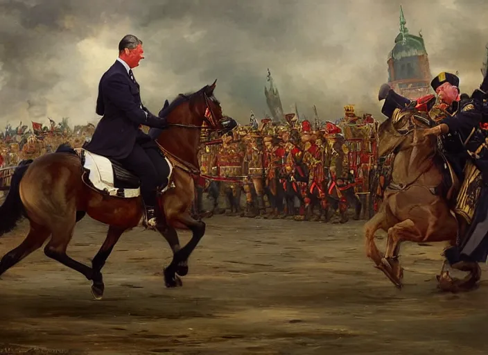 Image similar to prince charles doing a funny walk during the battle of berlin by wlop and vladimir volegov and alexander averin and delphin enjolras and daniel f. gerhartz