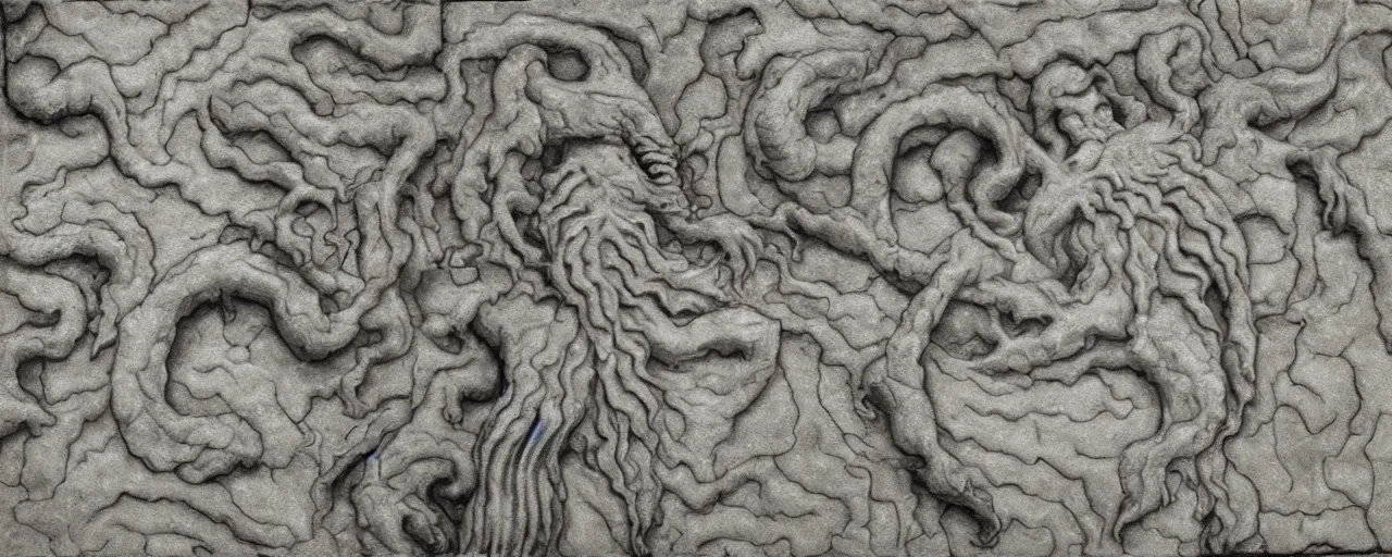 Prompt: limestone panel with Cthulhu, clean, texture, photorealistic, scenic