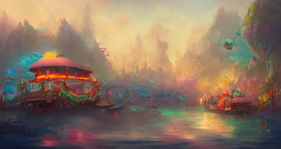 Prompt: an amusement park boat ride with pastel colors by peter mohrbacher, vivid colors, matte painting, 8K, concept art, mystical color scheme, trending on artstation