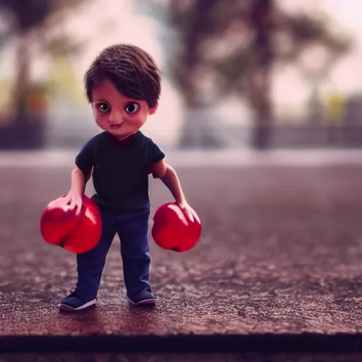 Image similar to close - up of a tiny!!! boy standing on a plate!!! and carrying a ( beachball - sized ) cherry in his arms, ultra realistic, highly detailed, sharp focus, cinematic lighting, mood lighting, realistic, vivid colors, photorealistic, artstation