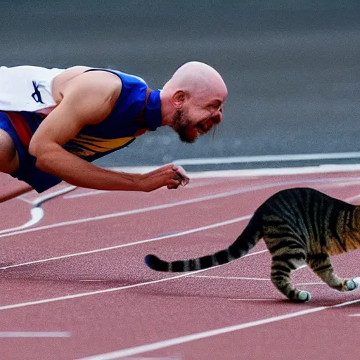 Prompt: photo of a track runner tripping over a cat