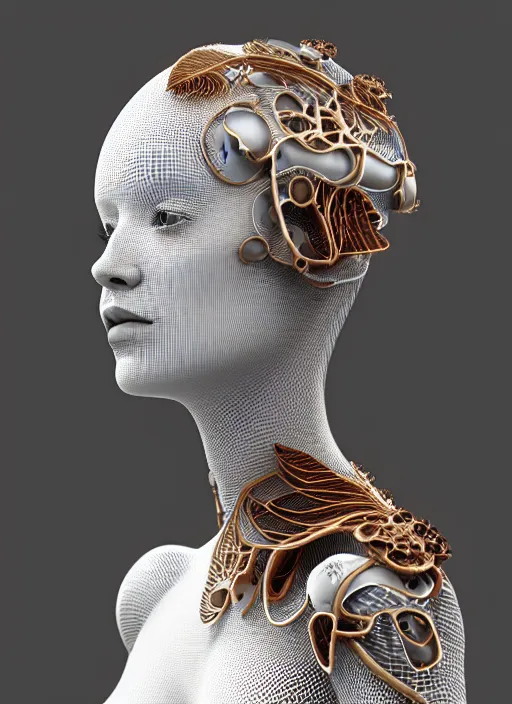 Prompt: complex 3d render ultra detailed of a beautiful porcelain profile woman face, mechanical cyborg, 150 mm, beautiful natural soft light, rim light, studio light, silver gold details, Alexander Mcqueen haute couture, magnolia big leaves and stems, roots, fine foliage lace, mesh wire, intricate details, hyperrealistic, mandelbrot fractal, anatomical, red lips, silver metal armor, facial muscles, cable wires, microchip, elegant, white background, octane render, H.R. Giger style, 8k