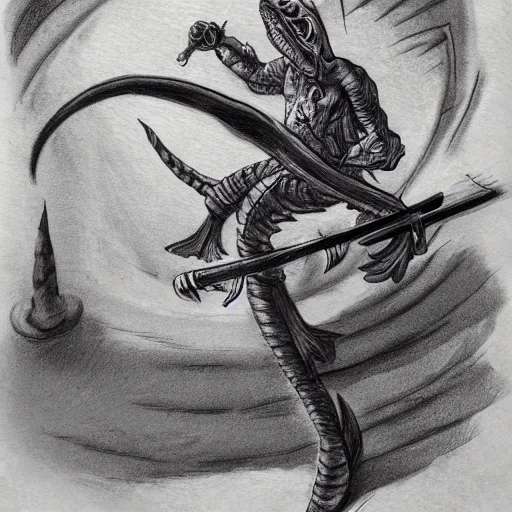 Image similar to a humanoid eel creature holding a swashbuckling sword in the style of a charcoal drawing