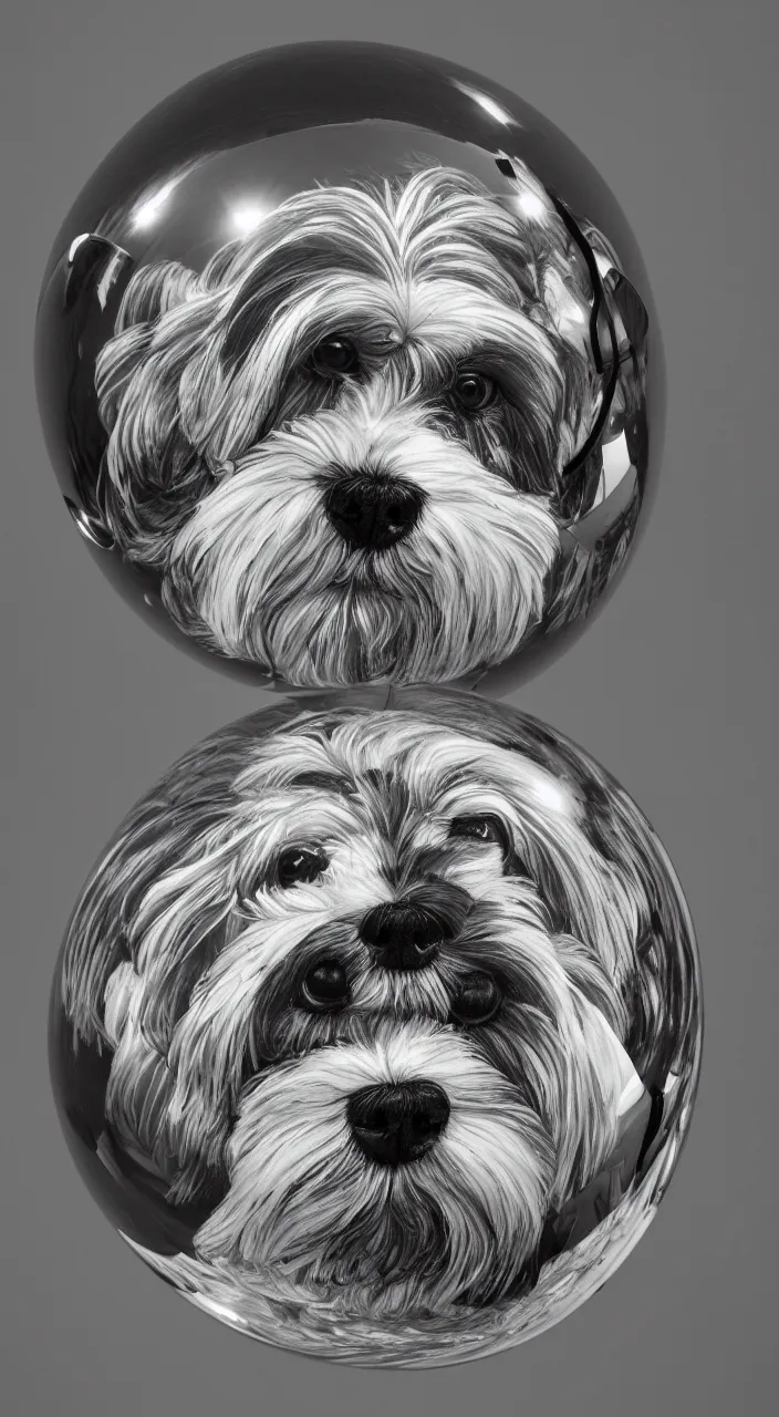 Prompt: self - portrait of one havanese dog reflected in a chrome sphere, ultra wide 1 0 mm, by m c escher pen and paper