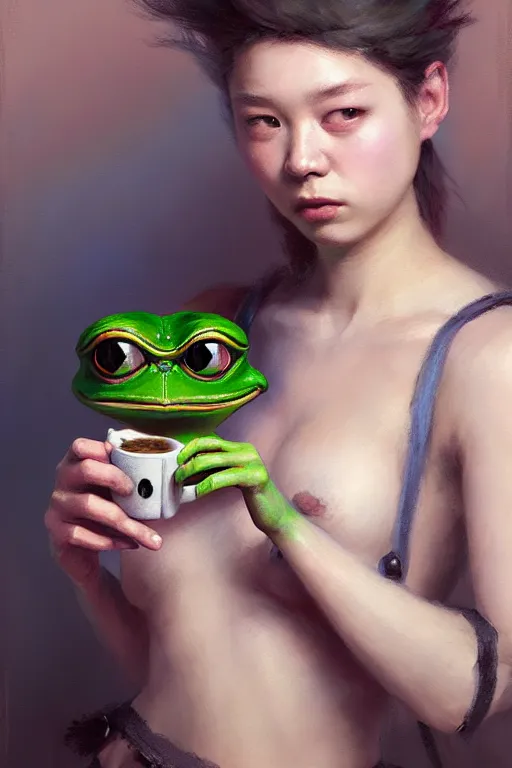 Prompt: portrait of a punk girl on a date with pepe! the frog! drinking coffee in the style of fenghua zhong and ruan jia and jeremy lipking and peter mohrbacher, extremely detailed digital painting, 8 k, natural lighting