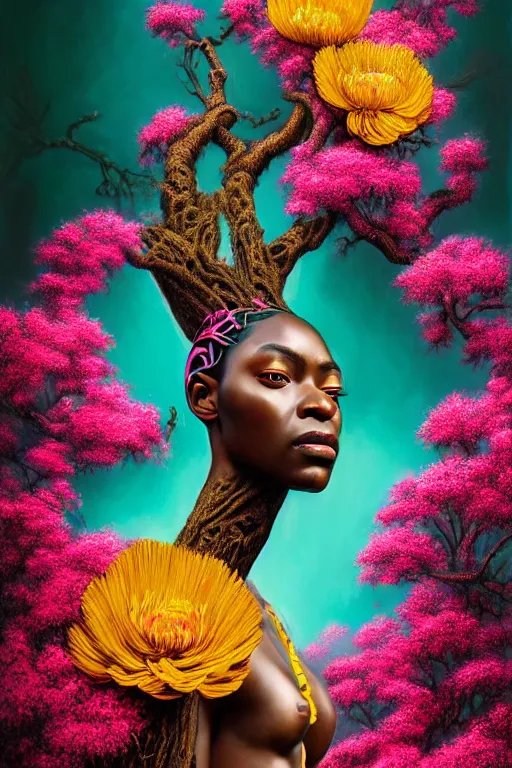 Image similar to hyperrealistic neo - rococo cinematic super expressive! yoruba goddess with exoskeleton armor, merging with tree in a forest, pink yellow flowers, highly detailed digital art masterpiece, smooth cam de leon eric zener dramatic pearlescent soft teal light, ground angle hd 8 k, sharp focus