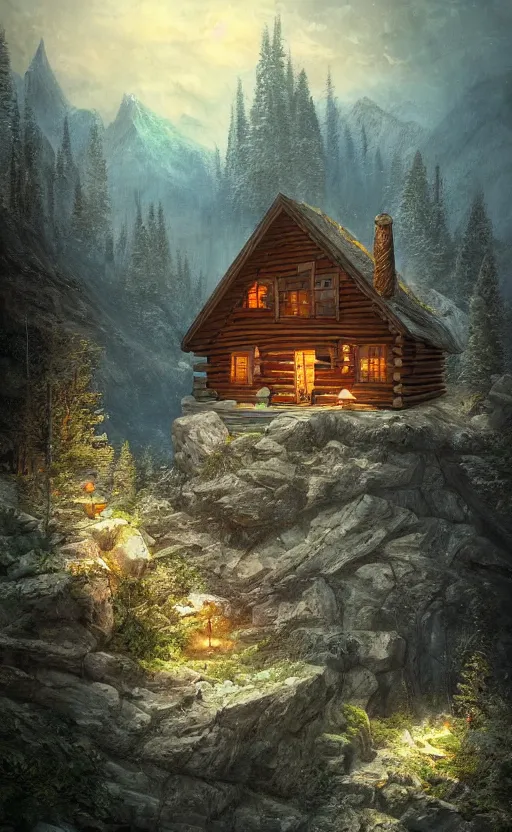 Prompt: cabin high on a mountain, the valley beneath, dynamic lighting, photorealistic fantasy concept art, trending on art station, stunning visuals, creative, cinematic, ultra detailed