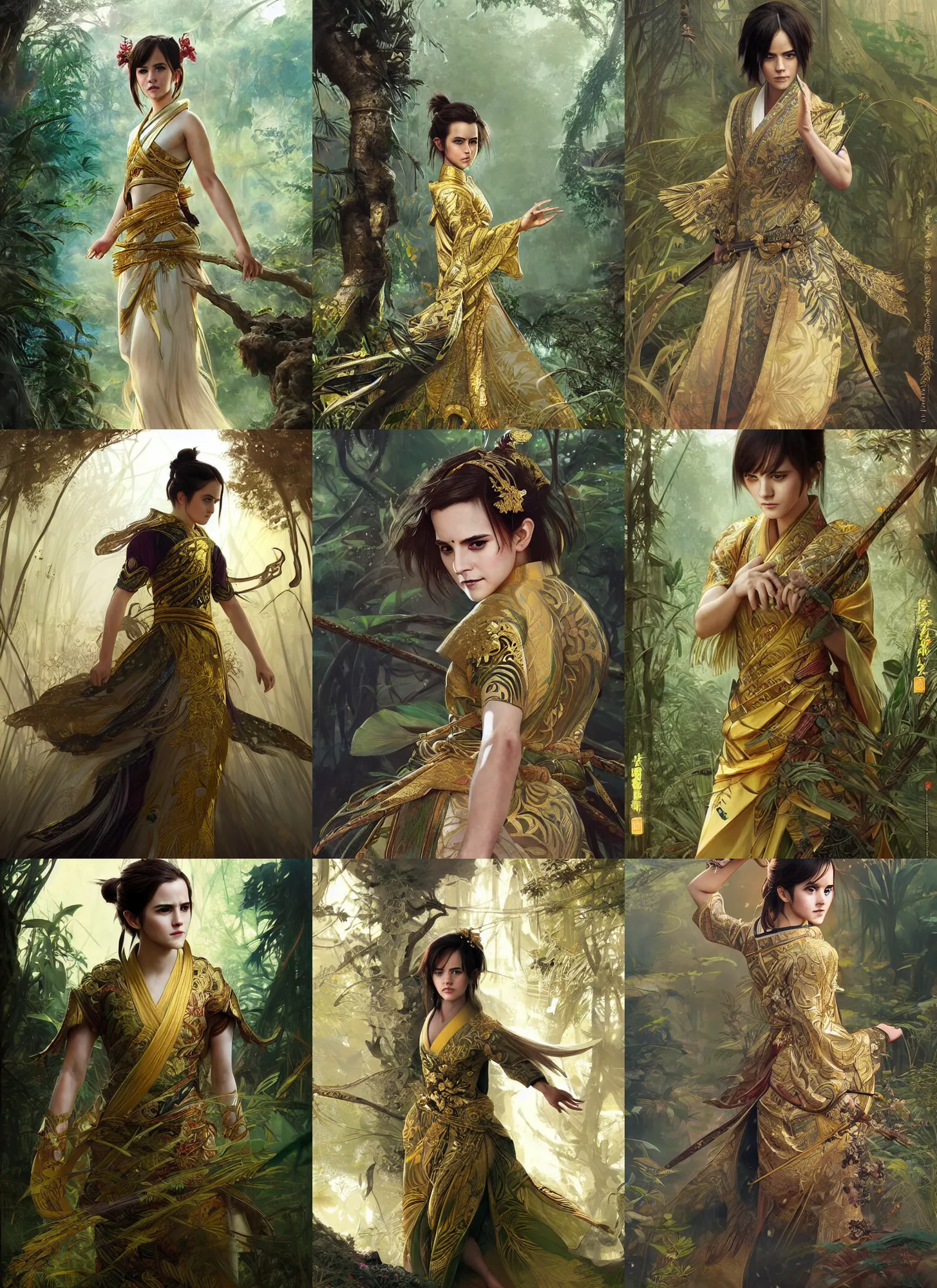 Prompt: asian emma watson wearing golden furisode, jungle background, full body, symmetric, intricate, highly detailed, concept art, sharp focus, illustration, aleksi briclot, rutkowski, mucha