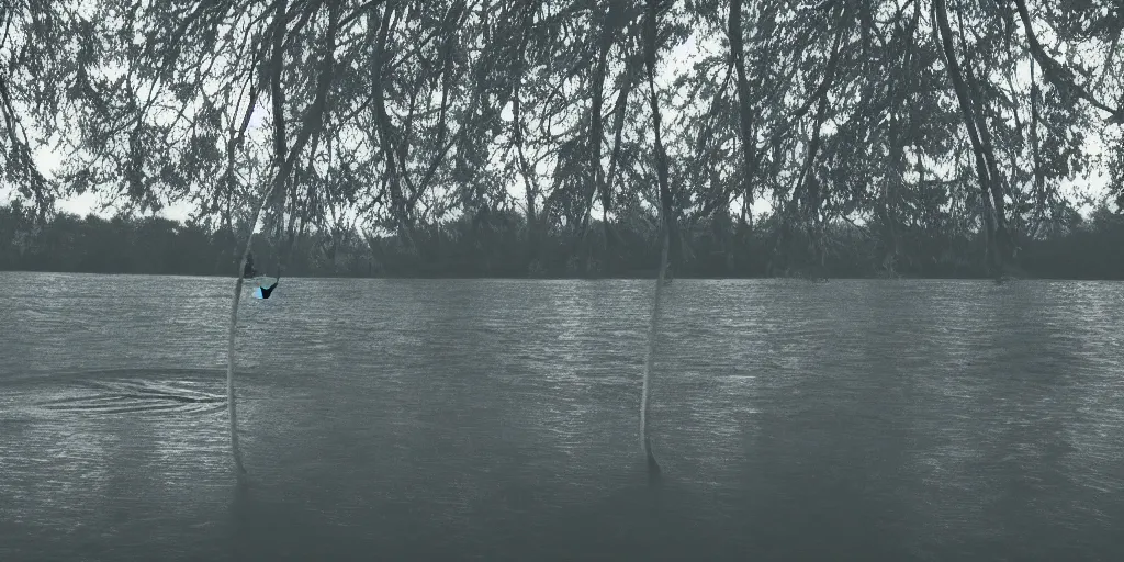 Image similar to symmetrical photograph of an infinitely long rope submerged on the surface of the water, the rope is snaking from the foreground towards the center of the lake, a dark lake on a cloudy day, trees in the background, moody scene, dreamy anamorphic lens