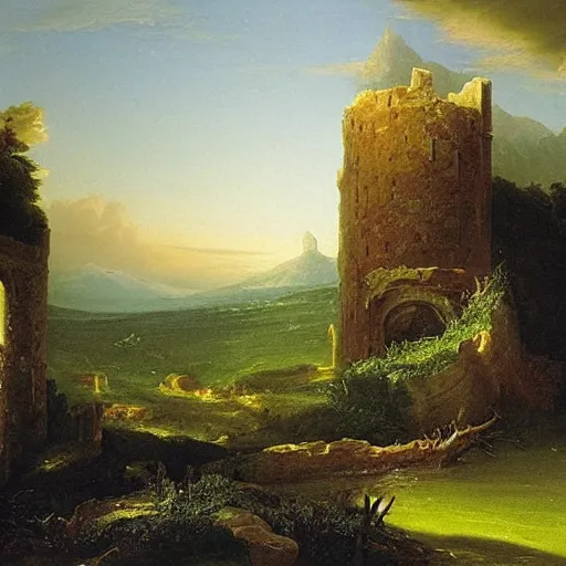 Prompt: romantic landscape with ruined tower, thomas cole, landscape painting, romanticism