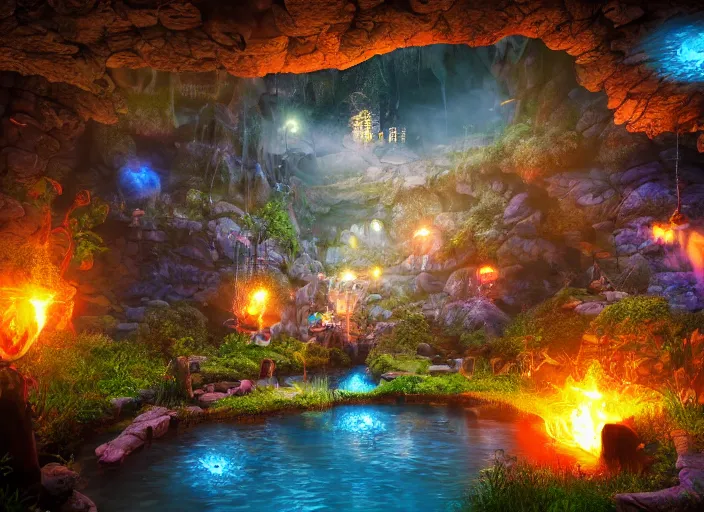 Image similar to magical mine illustration. fantasy, dramatic lighting, 8 k, sharp focus, global illumination, unreal engine, detailed and intricate environment, koi pond