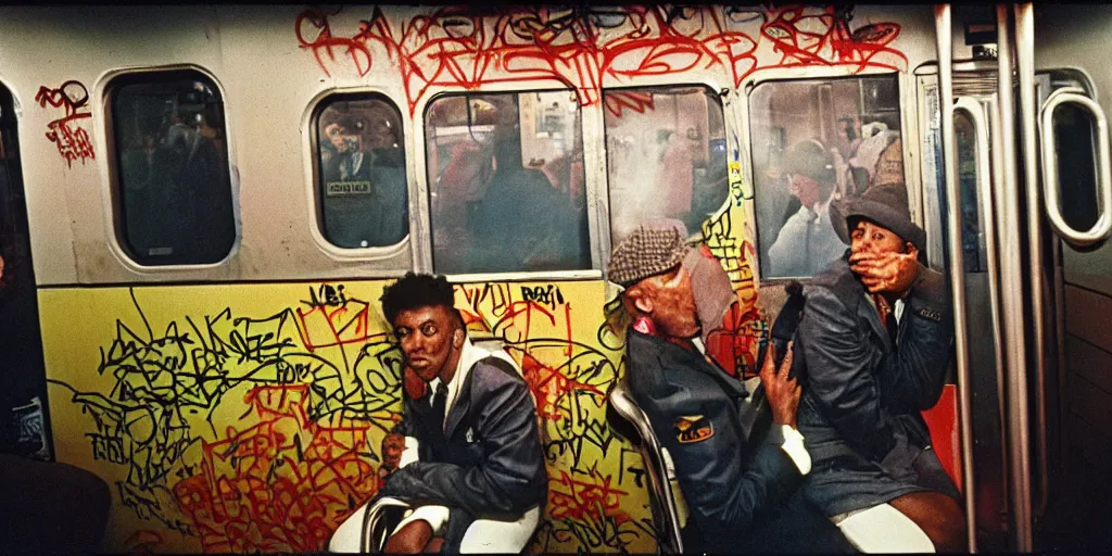 Image similar to new york subway cabin 1 9 8 0 s inside all in graffiti, policeman closeup, coloured film photography, christopher morris photography, bruce davidson photography