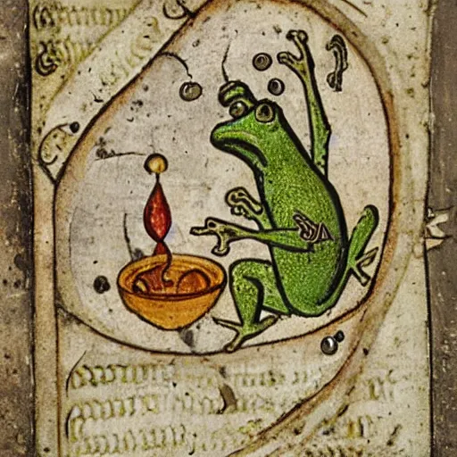 Image similar to medieval illustration of a frog practicing alchemy, illuminated manuscript