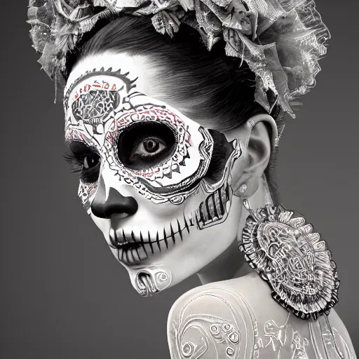 Image similar to the portrait of an absurdly beautiful, graceful, sophisticated, fashionable dia de los muertos gravure idol, an ultrafine hyperdetailed illustration by kim jung gi, irakli nadar, matt wisniewski, tribal makeup, intricate linework, iridescent wiring, porcelain skin, unreal engine 5 highly rendered, global illumination, radiant light, detailed and intricate environment