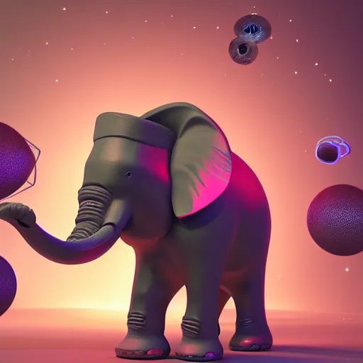 Image similar to a hyperrealistic photograph 3D octane render of an elephant wearing virtual reality goggles playing a synthesizer inside of a geodesic dome planetarium with planets and galaxies, trending on artstation, 8k, 4K, dramatic lighting, glowing, volumetric lighting, ray tracing, unreal engine