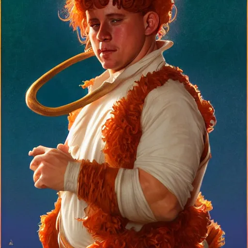 Image similar to channing tatum as an oompa loompa, fantasy, d & d, intricate, detailed, by by alphonse mucha, adolfo hohenstein, alice russell glenny, stanley artgerm lau, greg rutkowski, detailed, trending on artstation, trending on artstation, smooth