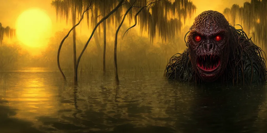 Image similar to a close up, swamp monster with red eyes, emerging from the lagoon at sunset, volumetric lighting, highly detailed, digital painting, artstation, concept art, matte, sharp focus, illustration, art by artgerm and greg rutkowski and alphonse mucha