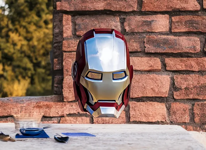 Image similar to a reflective steel engineering mask of ironman at in a table, medieval themed castle in golden afternoon light, professional photography