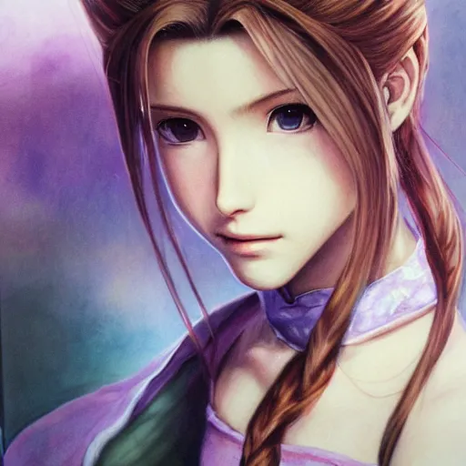 Image similar to portrait of aerith!!!!!!!!! from final fantasy vii, water - color painting by amano yoshitaka, ultra realistic, highly detailed, sharp focus, cinematic lighting, mood lighting, realistic, vivid colors, painting, photorealistic, digital art, non blurry, sharp, smooth, illustration