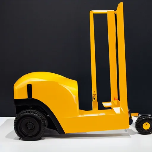 Prompt: a photo of an exhibition of a pure gold pallet truck, in a modern museum, spot lights on the pallet truck, black background.