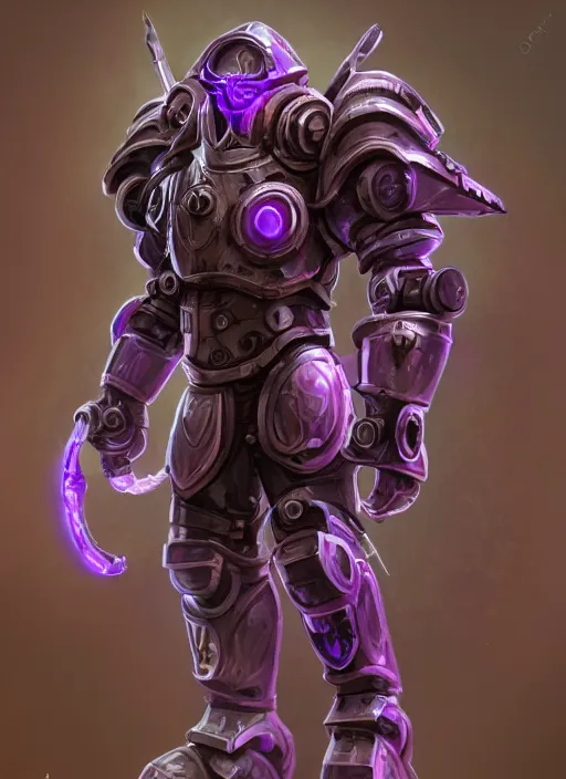 Image similar to a highly detailed illustration of dieselpunk cyber knight with machine gun arms, rigid bulky armor, purple glowing core in armor, dramatic standing pose, intricate, elegant, highly detailed, centered, digital painting, artstation, concept art, smooth, sharp focus, league of legends concept art, WLOP