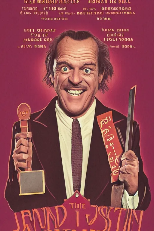 Image similar to a movie poster for the film the shining in the style of the grand budapest hotel featuring one grinning jack nicholson and an axe.