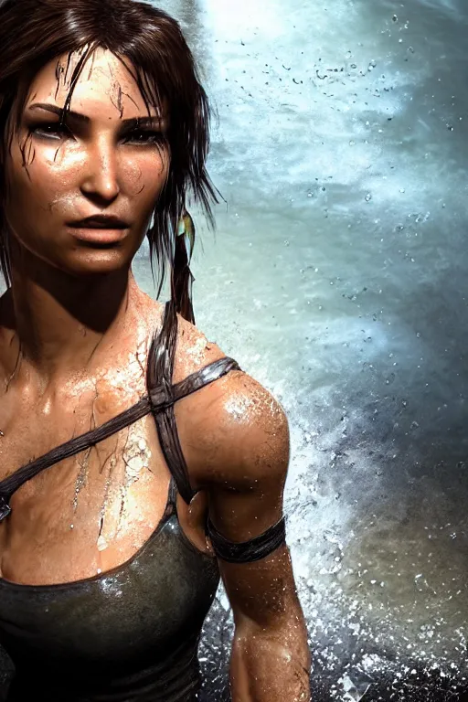 Prompt: portrait of a beautiful lara croft, drenched body, wet dripping hair, emerging from the water, fractal crystal