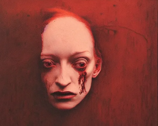 Image similar to by francis bacon, beksinski, mystical redscale photography evocative, expressionism. kat dennings uma thurman christina hendricks tilda swinton