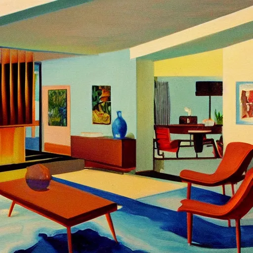 Prompt: an oil painting of the interior of a mid century modern house designed by both frank lloyd right and richard sera in palm springs