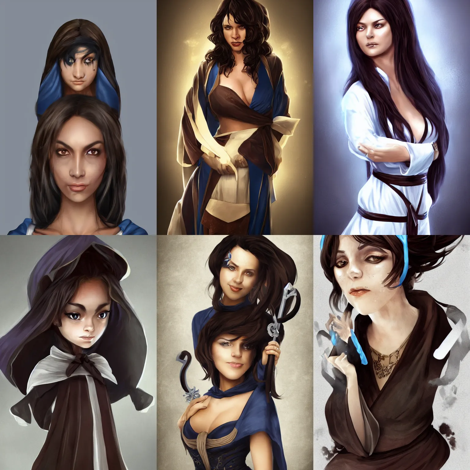 Prompt: Beautiful 40 years old Illusionist lady, dark brown skin, dark brown hair, straight hair, Dark blue and White robes, multiple floating swords, artstation trending in deviantart, artstationHD, artstationHQ