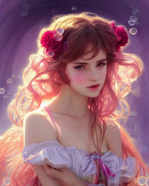 Image similar to portrait of magical lolita girl, dreamy and ethereal, expressive pose, big gold eyes, exciting expression, fantasy, intricate, elegant, many rainbow bubbles, rose tones, highly detailed, digital painting, artstation, concept art, cyberpunk wearing, smooth, sharp focus, illustration, art by artgerm and greg rutkowskiand alphonse mucha