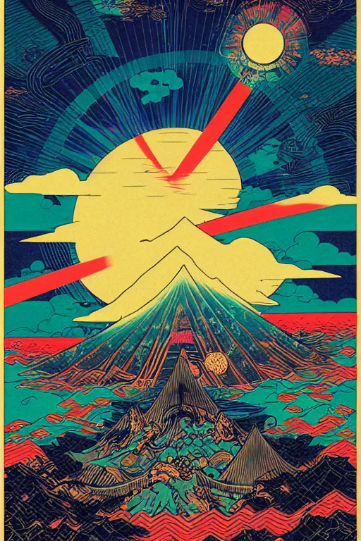 Prompt: Psychedelic Scratchboard Art Cluttered Geometric Ukiyo-e, crepuscular rays, by Jeff Simpson and Dan Mumford