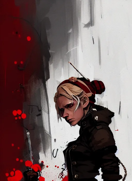 Prompt: highly detailed closeup portrait of a sewer punk swedish female assassin, tartan cloak, blonde hair with headband by atey ghailan, by greg rutkowski, by greg tocchini, by james gilleard, by joe fenton, by kaethe butcher, gradient red, black, brown and white color scheme, grunge aesthetic!!! white graffiti tag wall background