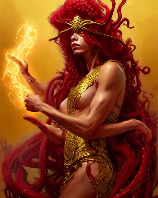 Image similar to fierce medusa in an epic red and golden robe, fantasy character portrait, ultra realistic, concept art, intricate details, highly detailed by greg rutkowski, gaston bussiere, craig mullins, simon bisley