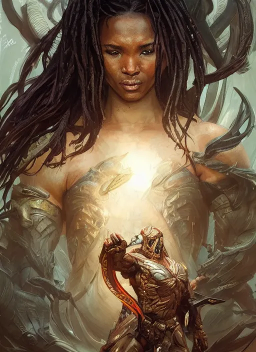 Image similar to The Predator, warrior scene, fantasy, intricate, elegant, highly detailed, digital painting, artstation, concept art, smooth, sharp focus, illustration, fine art by artgerm, greg rutkowski, alphonse mucha