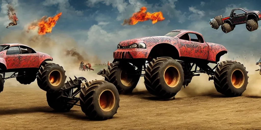 Image similar to monster trucks on a medieval battlefield fleeing from cavalry