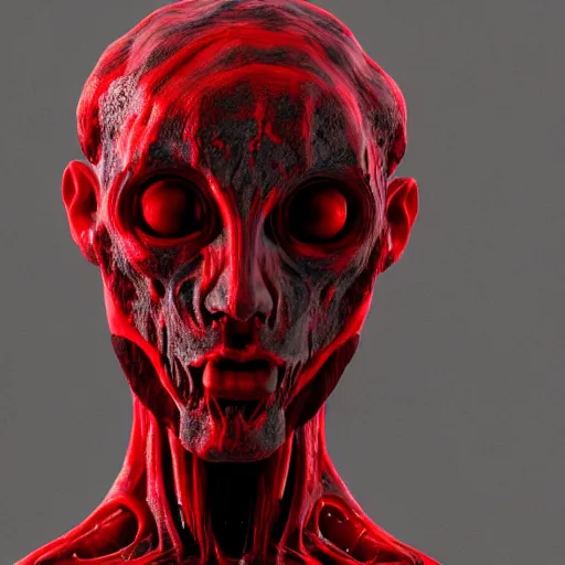 Image similar to octane render of a body horror humanoid, sharp dark shadows, black and red color palette by trevor henderson and junji ito