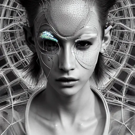 Image similar to the portrait of an absurdly beautiful, graceful, sophisticated, fashionable cyberpunk gravure idol, an ultrafine hyperdetailed illustration by kim jung gi, irakli nadar, matt wisniewski, tribal makeup, intricate linework, iridescent wiring, porcelain skin, unreal engine 5 highly rendered, global illumination, radiant light, detailed and intricate environment