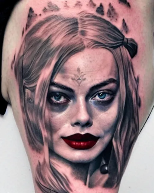 Image similar to creative double exposure effect tattoo design sketch of margot robbie as harley quinn faded with beautiful mountain scenery, realism tattoo, in the style of matteo pasqualin, amazing detail, sharp