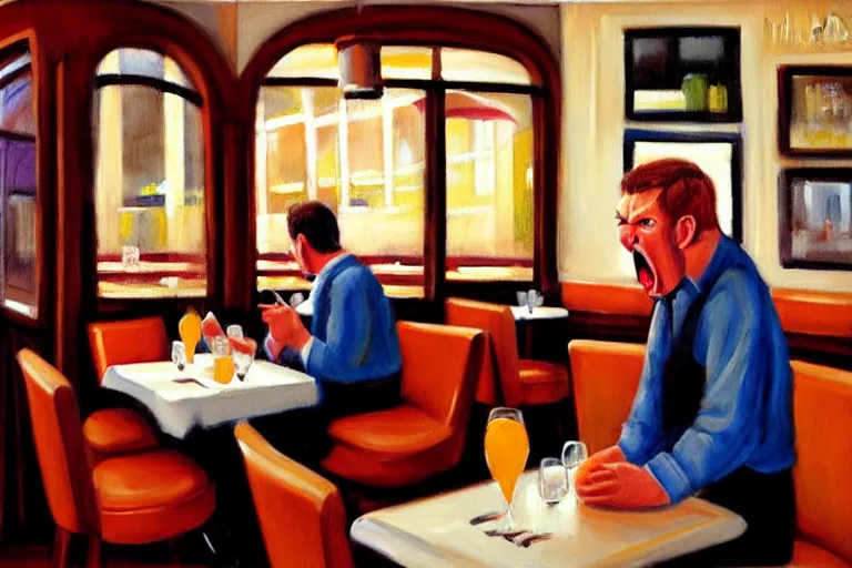 Image similar to a grumpy busser in a restaurant yells at the owner, art by dean macadam