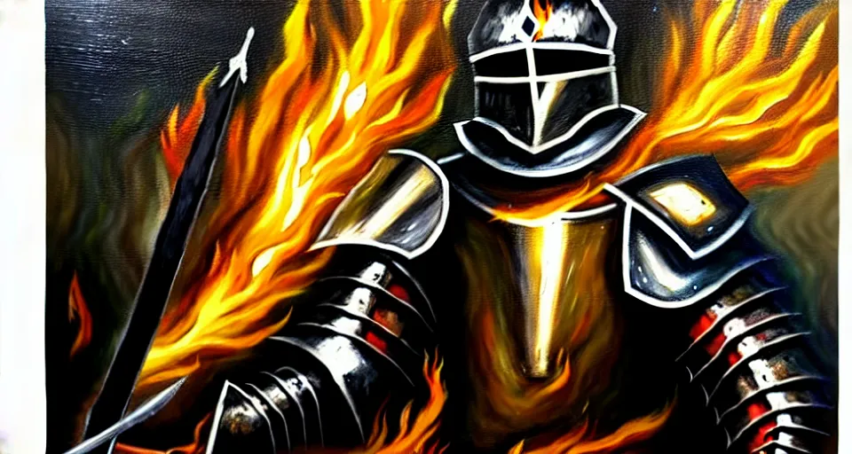 Image similar to An oil painting of a knight in dark metal armor wielding a flaming sword