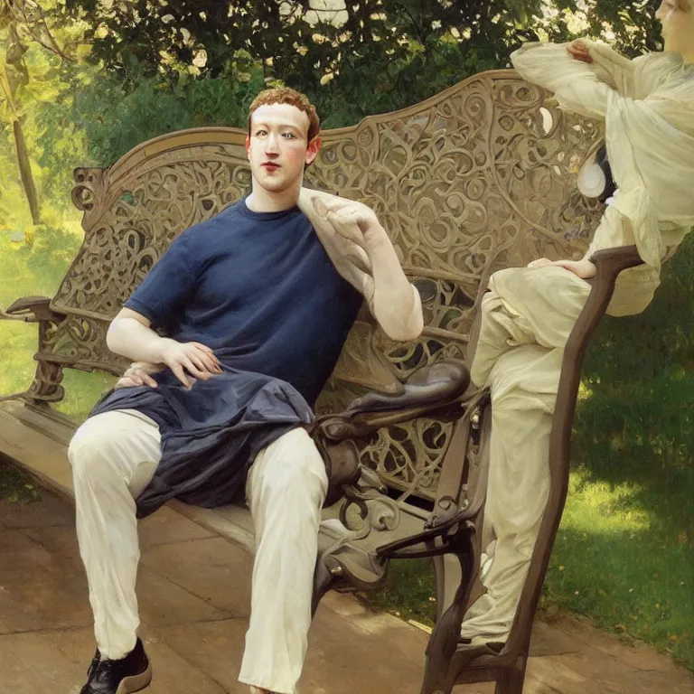 Prompt: Beautiful!! portrait of Mark Zuckerberg as an Edwardian dandy on a park Bench painted by Alphonse Mucha and arnold böcklin and Maxfield Parrish, hyperrealistic oil painting trending on artstation 8k