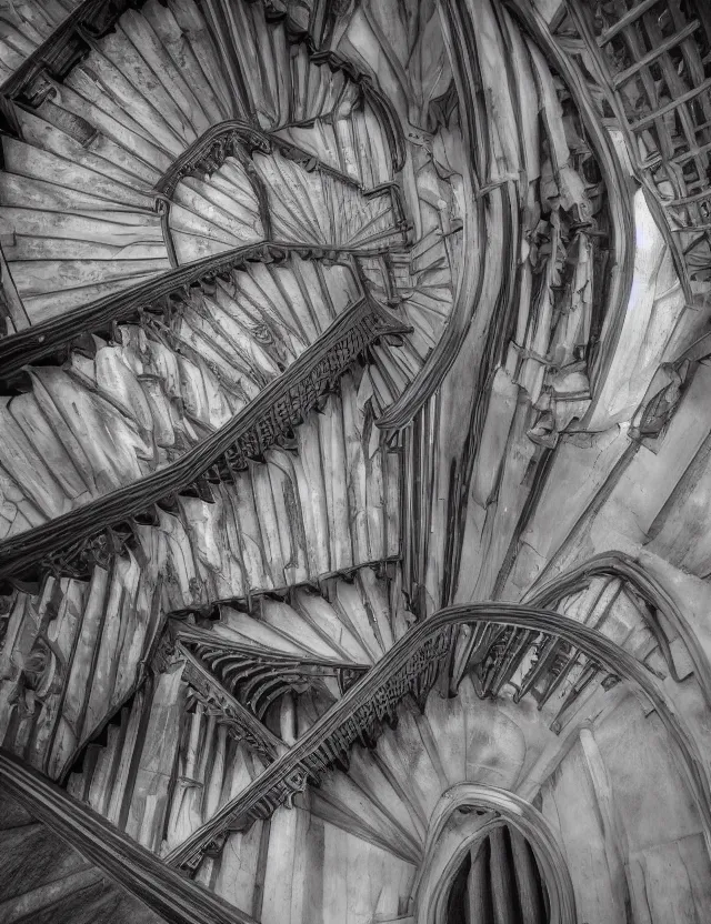 Prompt: looking down a staircase in the style of gothic brutalist architecture hyper detailed photorealistic hd 8 k post - processing high resolution