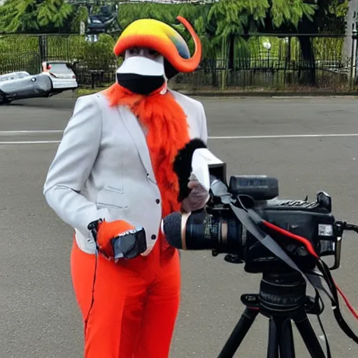 Image similar to a parrot dressed as a reporter reporting the news on tv